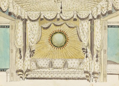 Entwurf für ein Bett mit Zeltalkoven, wahrscheinlich für das Schlafzimmer oder Boudoir des Prinzen von Wales, Royal Pavilion von Frederick Crace